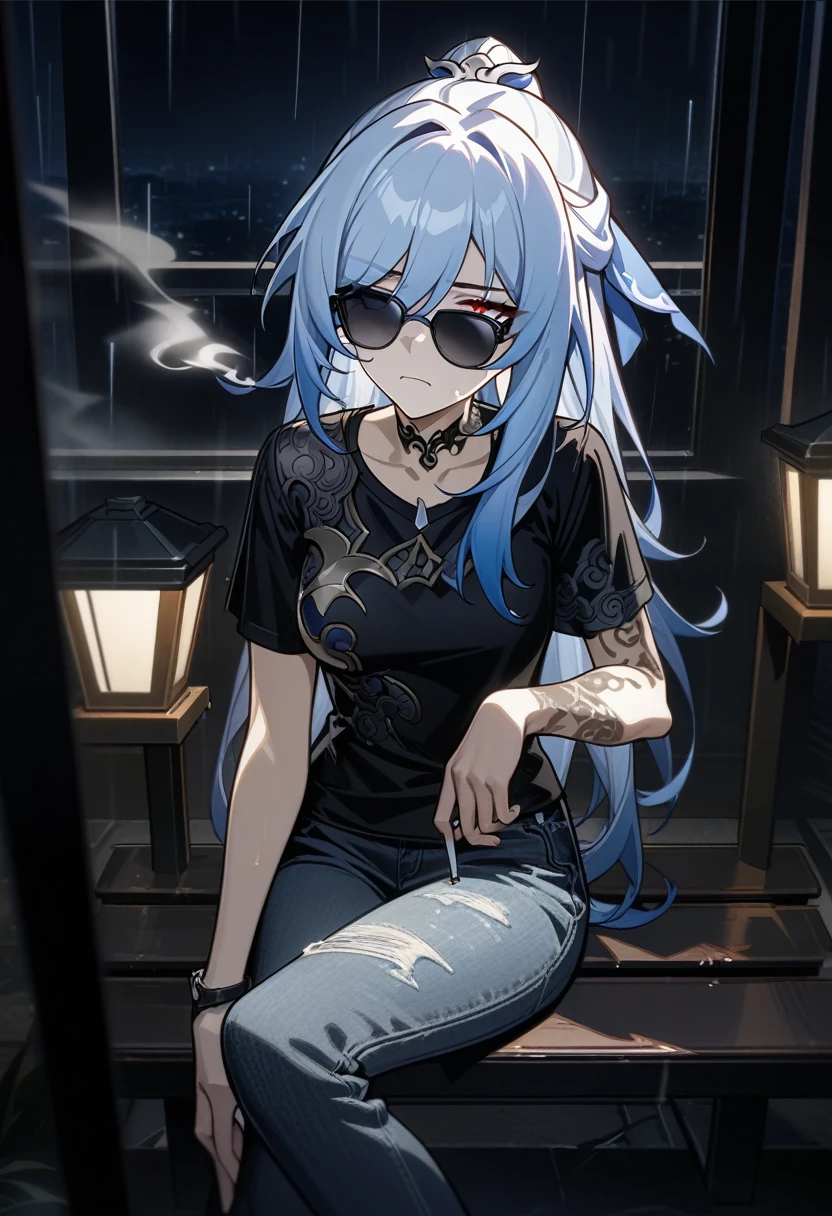 jingliu from honkai star rail,tattoo on the neck and arm,wear black modern T-Short and black modern jeans,sunglasses,Sitting on a bench,smokes a cigarette,cigarette smoke, sad face, depress, night ,rain, (best quality), ultra high res, professional artwork, ultra detailed, intricate, detailed face,