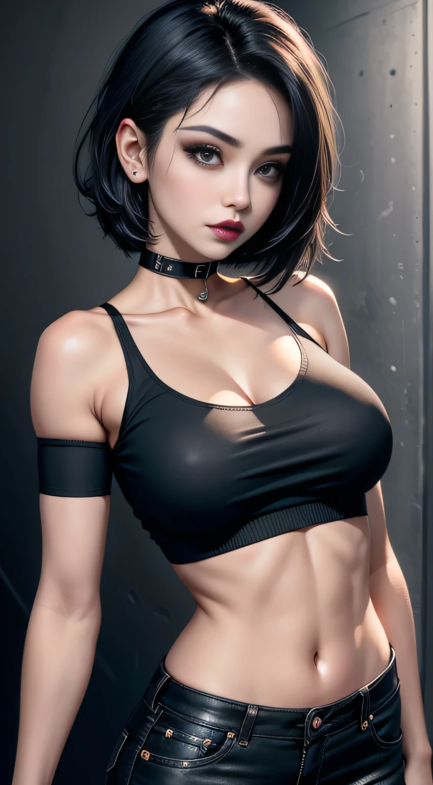 sfw, 1Girl, woman, emo_hairstyle, black lipstick, dog collar, eyeliner, eye shadow, smoky eyes, realistic lighting, short hair, standing up, short shorts, shirt, midriff, short sleeves., wearing bra,((skinny waist)), young asian girl, ((big breasted)),