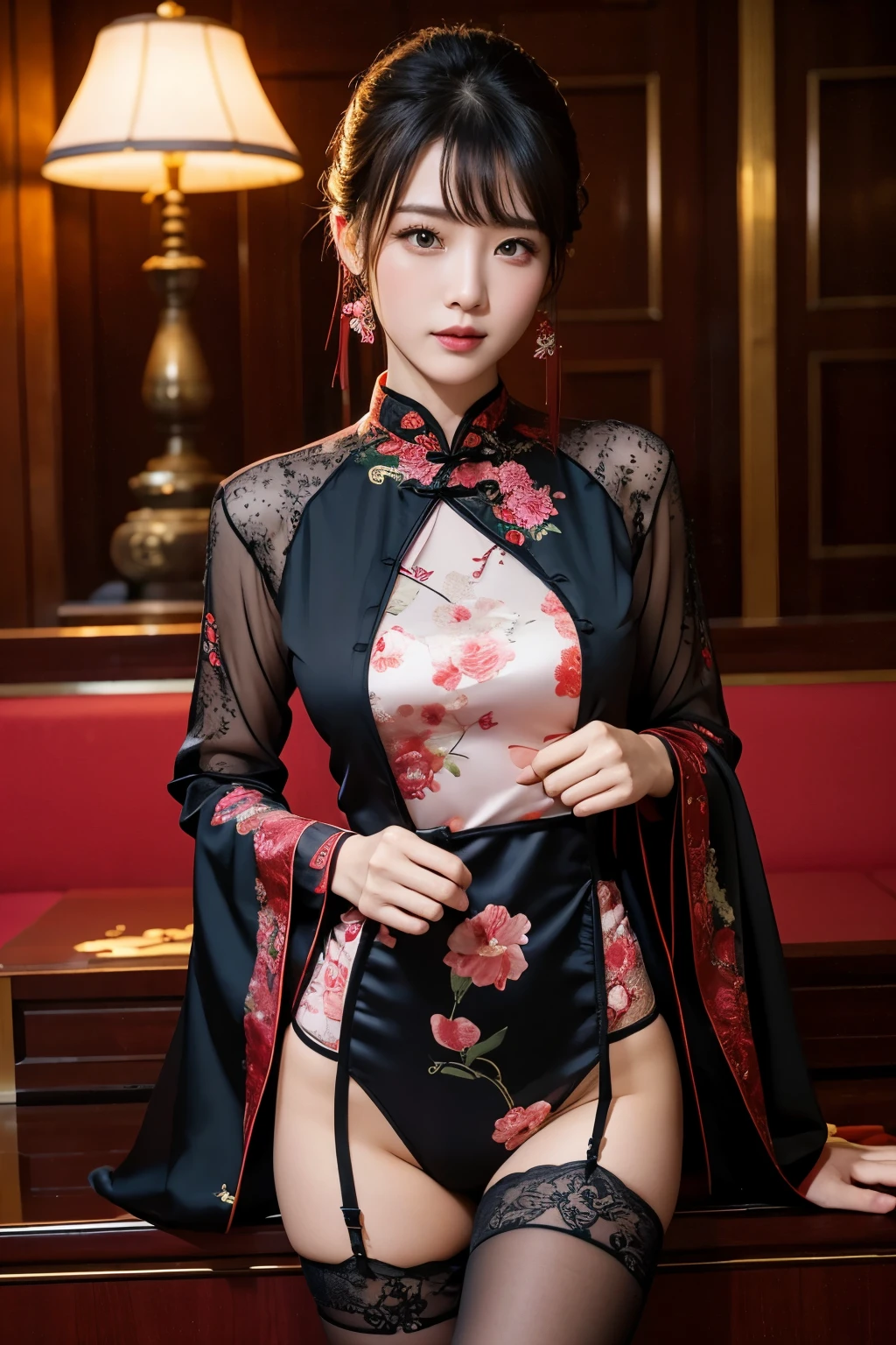 Beautiful woman wearing cheongsam and stockings, thong panties, robed, Stately, Joshinhan,
