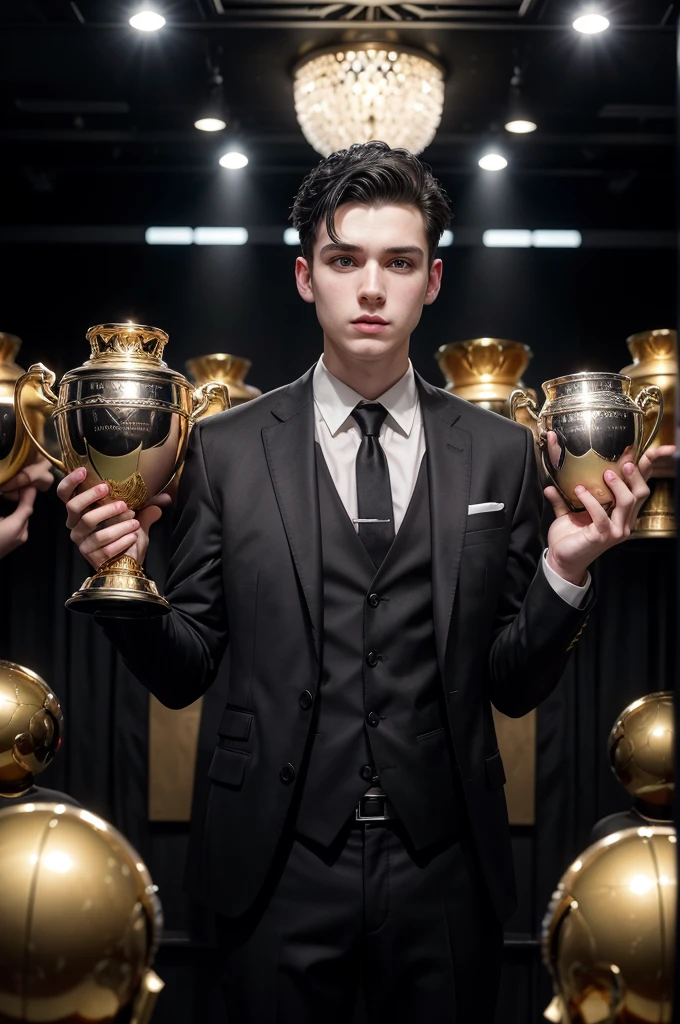 Young white man, shaved black hair, wearing black suit, in the middle of a crowd with spotlights shining on him, he holding a very large football champion trophy, in the background with thousands of titles, golden boots, golden balls, champion cups and a huge sign saying SONY