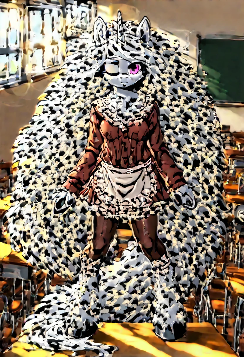  Alicorn , white mane, ,black fur color  long flowing  mane pink  eyes anthro huge breasts school uniform)}, ((brown short dress with long sleeves)), ((white lace apron on top)), (pantyhose), (detailed Bonifasko lighting), (Detailed fur), (detailed skin), (Cinematic lighting), ((Detailed background, classroom)), (half body shadow), [ambient light on the belly], [explict content], [sharp-focus], (shaded), ((Masterpiece), (long hair), Small Breasts, Fluffy pony, MLP, My Little Pony,, elite pony, (fluffy fur:1.4), fluffy tights, furry fantasy art, anthro art, commission for high res, Furry art, pov furry art, Sakimichan is beautiful, Masterpiece, Best Quality, Detailed image, Bright colors, Detailed Face, perfect lighting, Perfect shadows, Perfect eyes, focus on girl, flawless face, gorgeous body, feet focus (hooves in nylons), Fluffy, fluffy girl, Body fur, Animal nose, muzzle, 1girl, full body, Detailed fur, Balanced coloring, Furry, anthro, (attractive body:1.5), perfect legs, {(hallf-closed eyes), ((thin body))