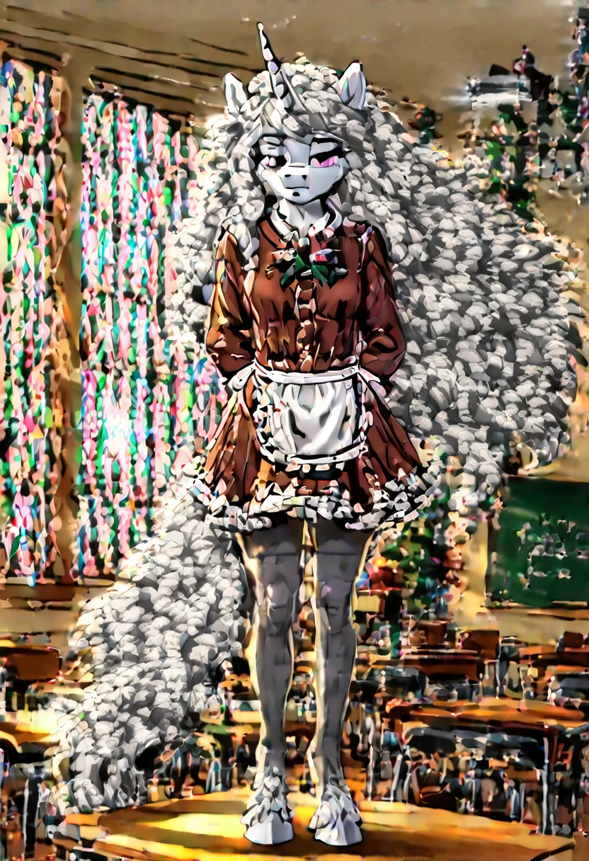  Alicorn , white mane, ,black fur color  long flowing  mane pink  eyes anthro huge breasts school uniform)}, ((brown short dress with long sleeves)), ((white lace apron on top)), (pantyhose), (detailed Bonifasko lighting), (Detailed fur), (detailed skin), (Cinematic lighting), ((Detailed background, classroom)), (half body shadow), [ambient light on the belly], [explict content], [sharp-focus], (shaded), ((Masterpiece), (long hair), Small Breasts, Fluffy pony, MLP, My Little Pony,, elite pony, (fluffy fur:1.4), fluffy tights, furry fantasy art, anthro art, commission for high res, Furry art, pov furry art, Sakimichan is beautiful, Masterpiece, Best Quality, Detailed image, Bright colors, Detailed Face, perfect lighting, Perfect shadows, Perfect eyes, focus on girl, flawless face, gorgeous body, feet focus (hooves in nylons), Fluffy, fluffy girl, Body fur, Animal nose, muzzle, 1girl, full body, Detailed fur, Balanced coloring, Furry, anthro, (attractive body:1.5), perfect legs, {(hallf-closed eyes), ((thin body))