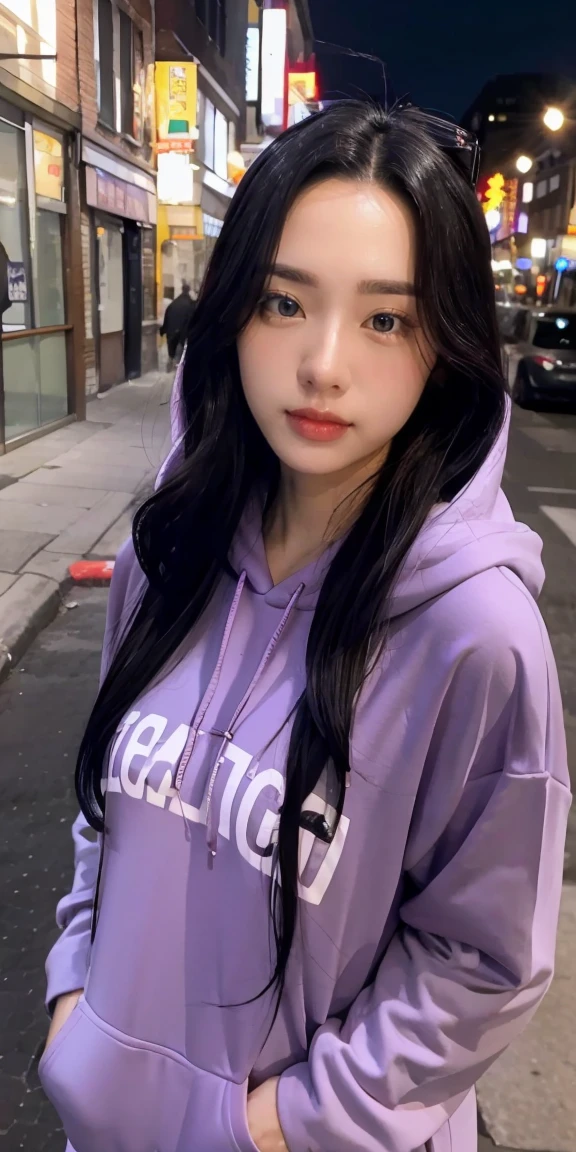  ,1 girl, solo,, black hair, comma hair, forehead comma hair, korean hair, street style, Purple hoodie, shiny, Red eyes, looking at viewer, upper body, shy face