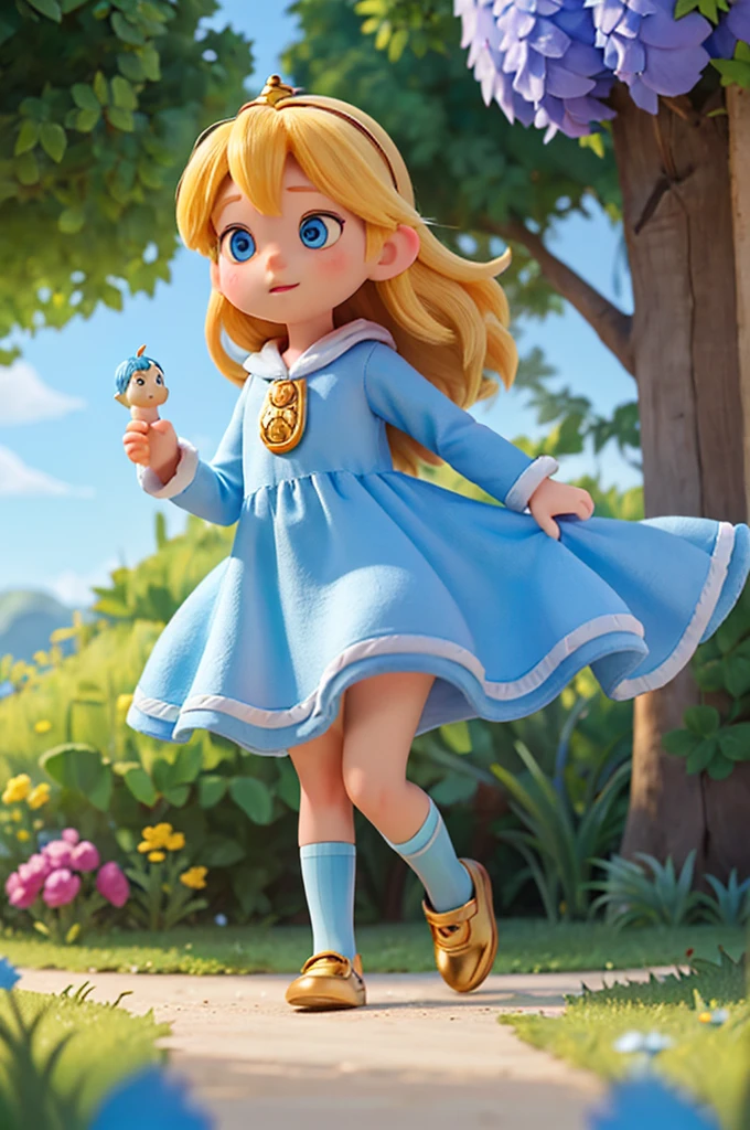 an human with blue eyes and golden hair long,dress light blue nightowel for children, felt a sense of wonder and curiosity grow within her. She looked around her, seeing extraordinary creatures: unicorns galloping free, birds with rainbow-colored feathers singing enchanting melodies, and little gnomes working in the fields.
