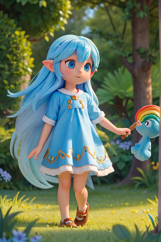 an human with blue eyes and golden hair long,dress light blue nightowel for children, felt a sense of wonder and curiosity grow within her. She looked around her, seeing extraordinary creatures: unicorns galloping free, birds with rainbow-colored feathers singing enchanting melodies, and little gnomes working in the fields.