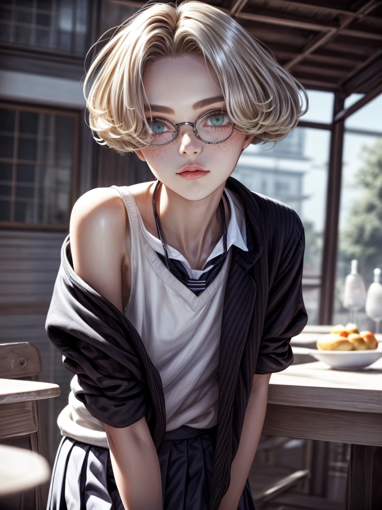 1girl, elegant bearing, small, slender build, short height, narrow shoulders, pale skin dotted by freckles, short platinum blonde hair, (((mop-top hairstyle))), (((boyish hair))), (dark green eyes), silver glasses, cute facial features with an underlying elegance, thin lips, small breasts,  female, RAW photo, ((slim body: 1)), (HQ skin: 1.4), 8k uhd, dslr, soft light, high quality, ((school uniform, white clothes, gold accents, (looking at viewer:1.4)
