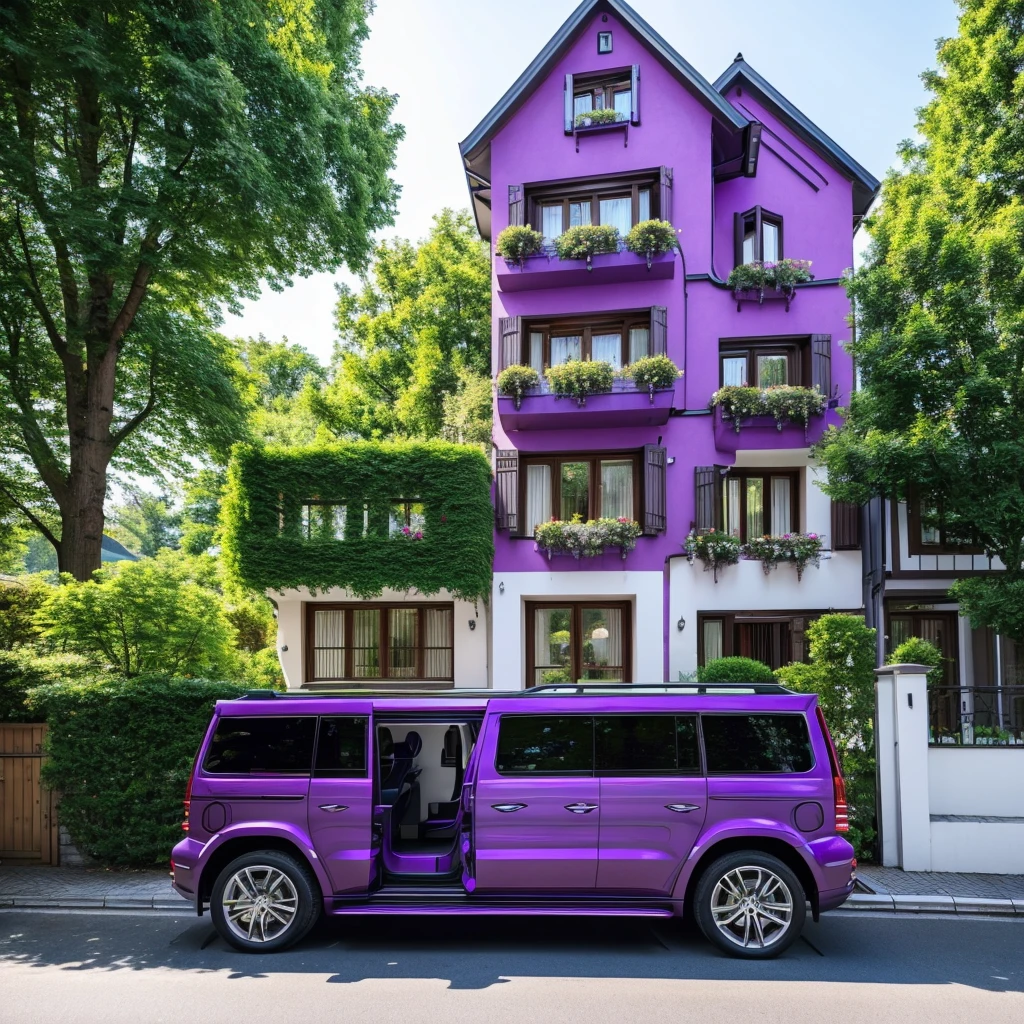 A house in germany with a luxurious purple g-wagon infront of the house. With trees on the street.