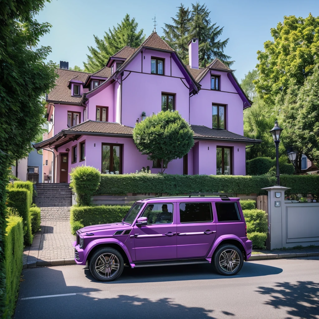 A house in germany with a luxurious purple g-wagon infront of the house. With trees on the street. 