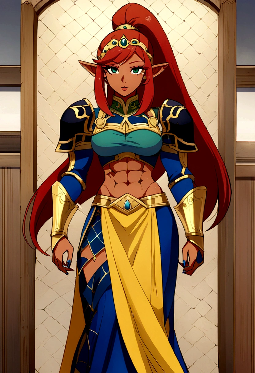 a close up of a cartoon of a woman with a sword, portrait girl of the zodiac knights, girl of the zodiac knights, scales covering her chest, alexstrasza, lady palutena, blue scales covering her chest, seductive elf princess knight, natalie from epic battle fantasy, official character art, Zelda, ornate bikini armor, in opal armor
