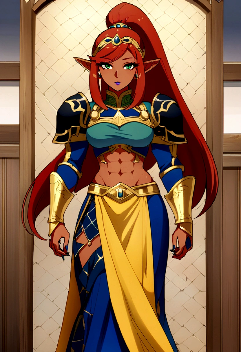 a close up of a cartoon of a woman with a sword, portrait girl of the zodiac knights, girl of the zodiac knights, scales covering her chest, alexstrasza, lady palutena, blue scales covering her chest, seductive elf princess knight, natalie from epic battle fantasy, official character art, Zelda, ornate bikini armor, in opal armor