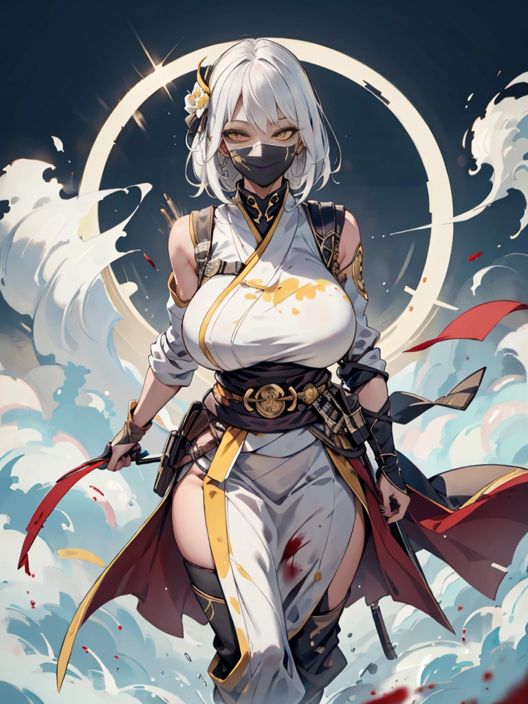 (best quality,highres),tall woman with a big bust smiling towards the camera, removing a black mask with her white hair and yellow eyes, dressed in a white ninja costume with blood stains, holding a gun