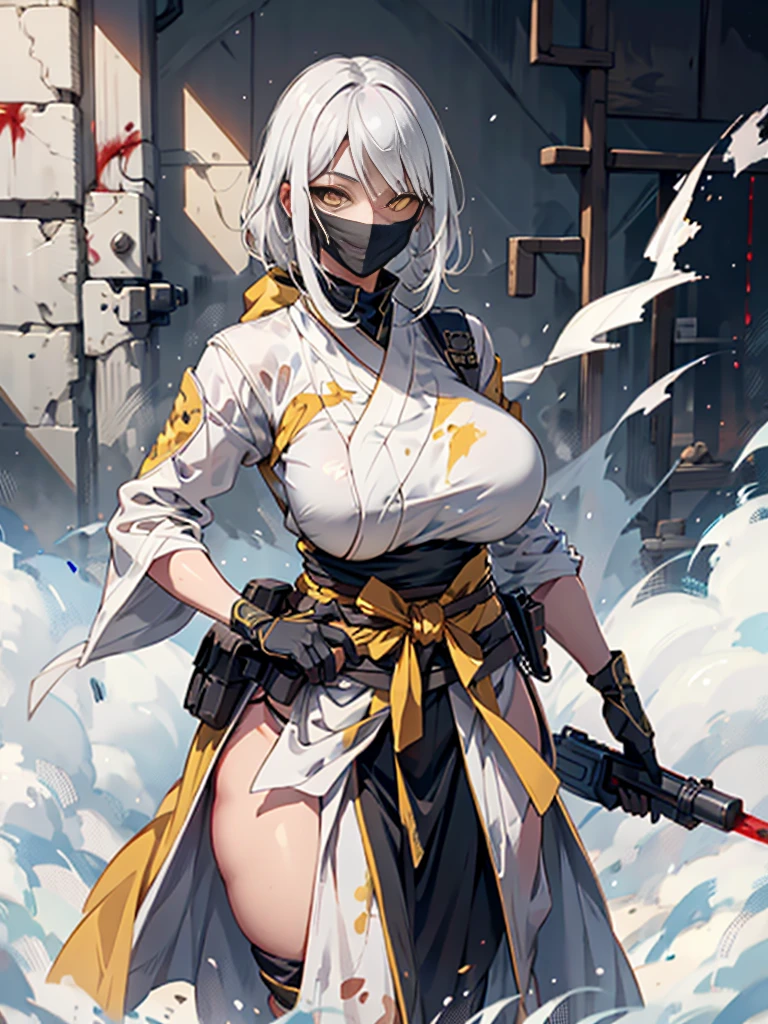 (best quality,highres),tall woman with a big bust smiling towards the camera, removing a black mask with her white hair and yellow eyes, dressed in a white ninja costume with blood stains, holding a gun
