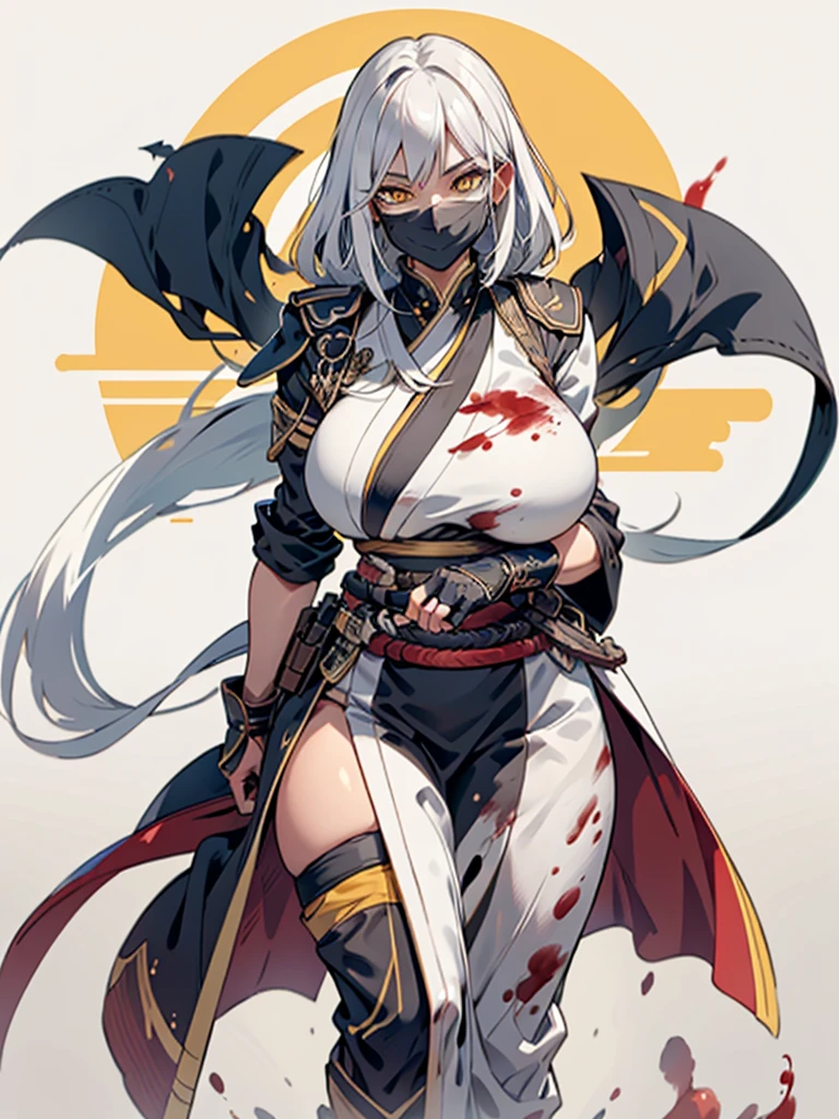 (best quality,highres),tall woman with a big bust smiling towards the camera, removing a black mask with her white hair and yellow eyes, dressed in a white ninja costume with blood stains, holding a gun