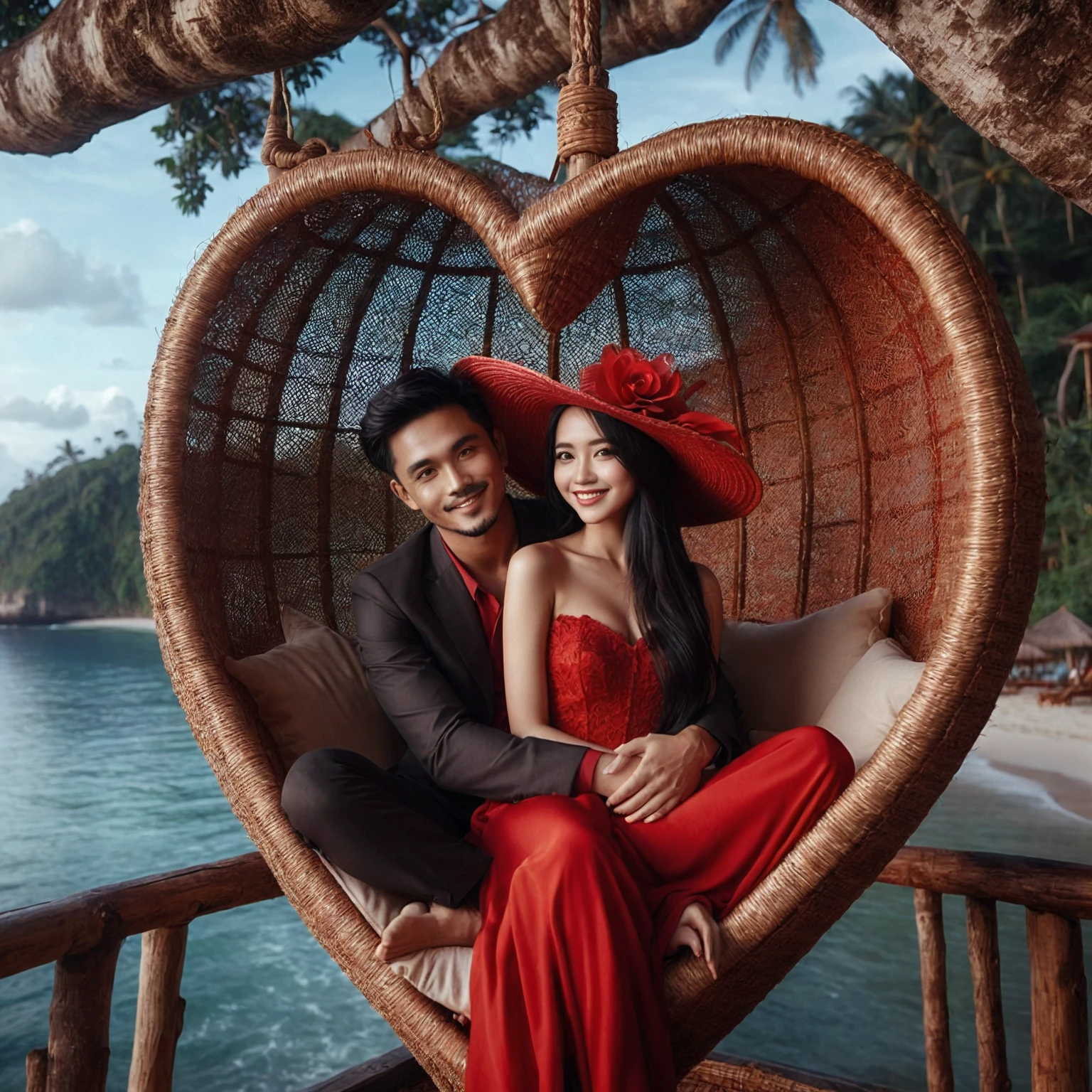 Indonesian romantic couple: a man with short black hair; a woman with long straight black hair in a red dress sitting in a heart-shaped hanging chair on a sea, they are smilling, happy, romantic pose, hug, twearing huge straw hat, Bali Indonesia, with beautiful exotic, in a surrealist beach environment, stunning blue sky, stunning photoshot, red dress and hat, beautiful view of forest, portrait shot, tree house, in a jungle, stunning paradise in the background, high quality.