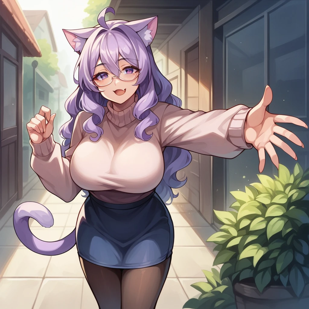 masterpiece, best quality, raped girl, ((looking at viewer)), lilac hair, purple eyes, long hair,  ahoge, sweater, sweater skirt, pantyhose, 163cm, hair between eyes, large breasts, adult, 33 years old, mature, glasses, solo, sole, smile, cat ears, cat tail, fang, catgirl, animal ears