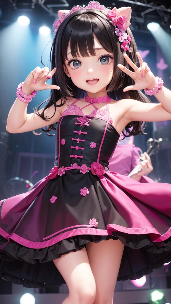 8 year old girl, playing, black eyes, magical happy background, pink dress, singing