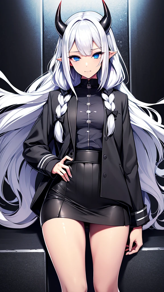 A girl with long wavy white hair, front, side braids, two long, small black bows, and she is wearing a black demon horn and blue eyes, and she is wearing a gray jacket with a bright blue line and a short metallic black skirt underneath.