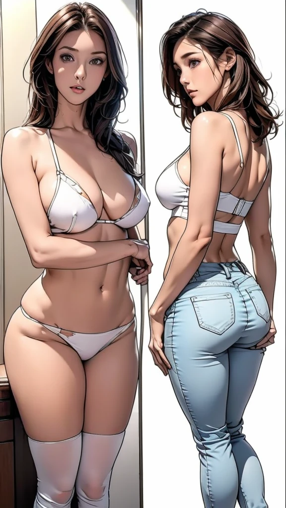 Detailed character sheet, Front view, Side view, Diagonal view, with a white returnground, show women, 30 years old, with short dark brown hair combed return, Wearing light casual clothing, Wearing tight denim jeans. The seat includes different angles, Front etc., return, and Side views, Model sheets and reference sheets, Full-body painting. Proportions are based on a 7.5 head scale.