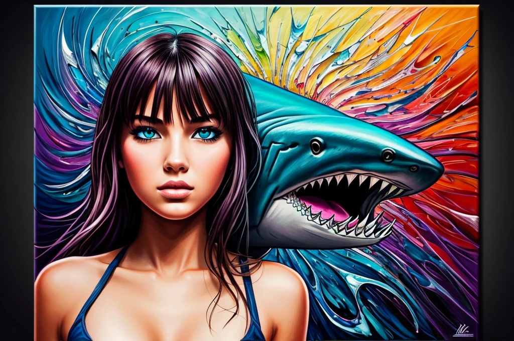 [[(front: attractive young girl looks into the mouth of a shark , Very colorful, Best Improvisation,)((Andrea Solario style))])):20]/[background: landscape (mural on wall: A vector design for a t-shirt, with a black background featuring elements of [[shark] in the style of hyper-detailed illustrations with a colorful, cartoonish style in high resolution using [green + gray] colors and hard edge lines, along with swirling details and high contrast))]/[two-color lighting, ((oil painting palette knife))((masterpiece)),((highest detail))]]