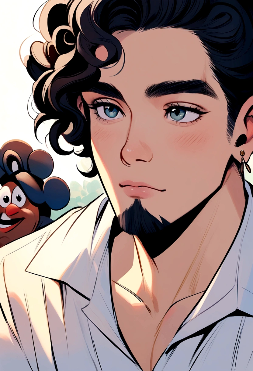 Disney pixar style, 22 year old man, black curly hair, goatee, white shirt, black shorts, left ear earring