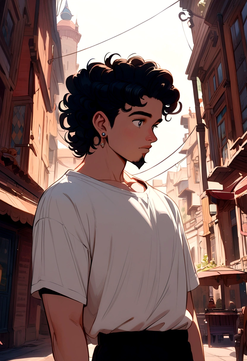 Disney pixar style, 22 year old man, black curly hair, goatee, white shirt, black shorts, left ear earring