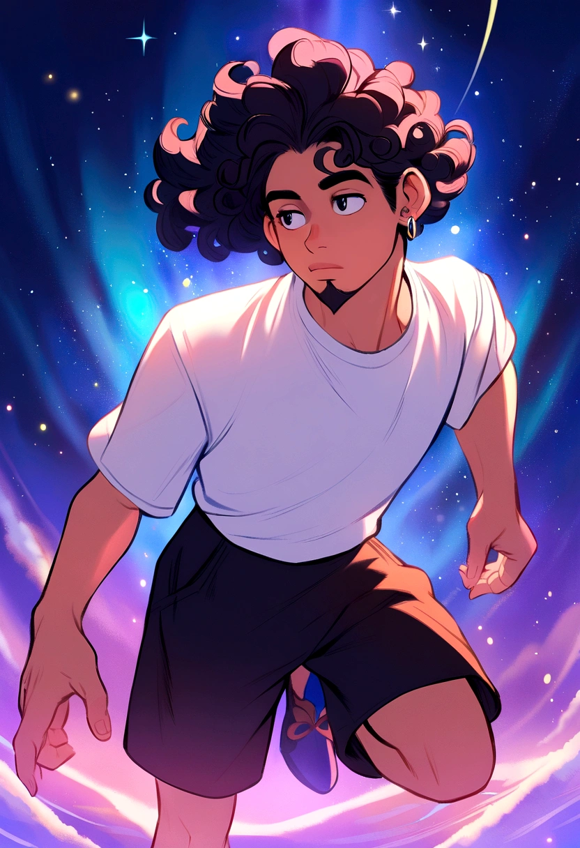 Disney pixar style, 22 year old man, black curly hair, goatee, white shirt, black shorts, left ear earring