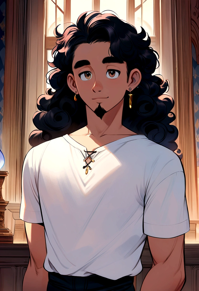 
Disney pixar style, 22 year old man, black curly hair, goatee, white shirt, black shorts, left ear earring