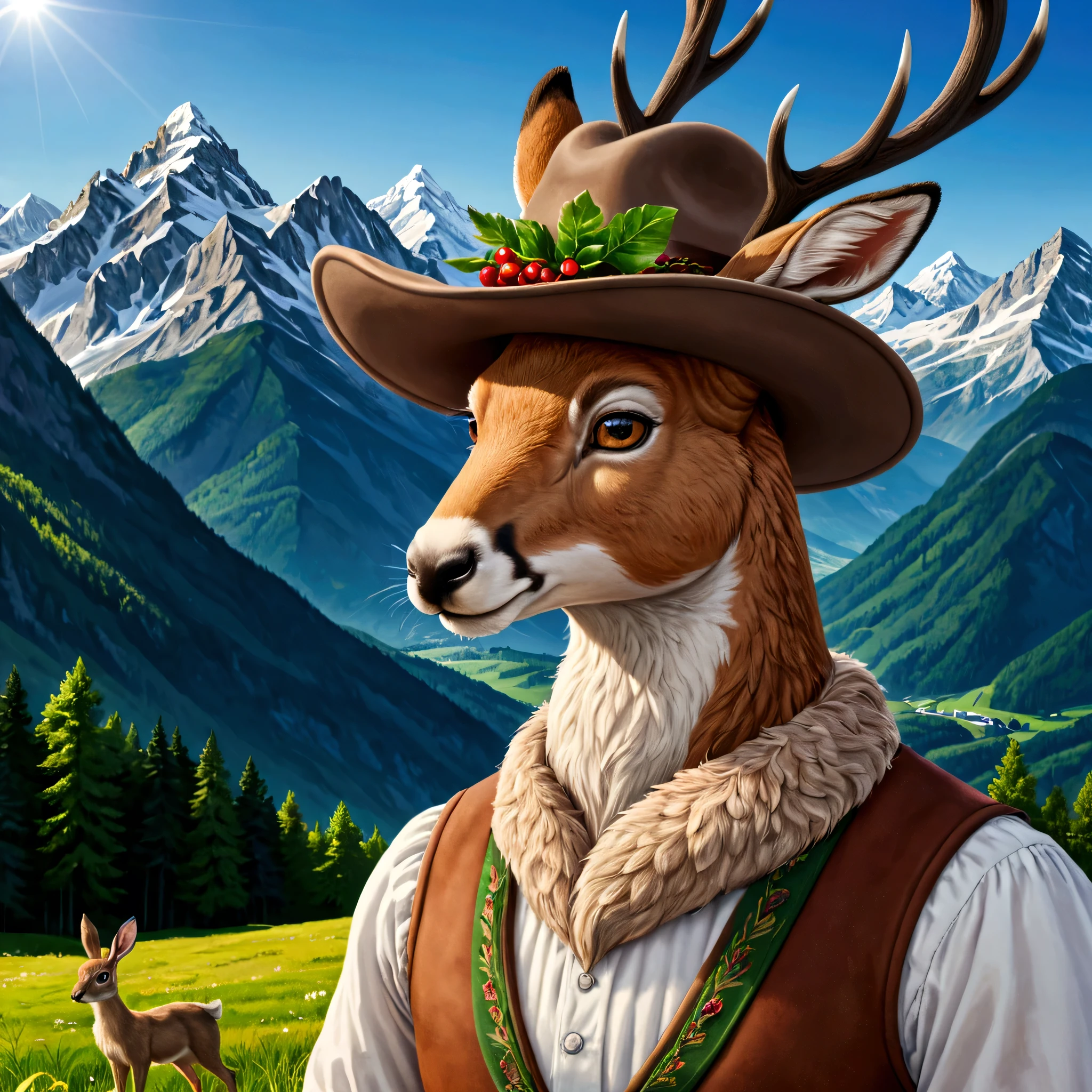 a detailed realistic 4k illustration of a Bavarian wilpertinger made of duck, hare and deer, wearing a Tyrolean hat, detailed, sharp edges, mountains in the background