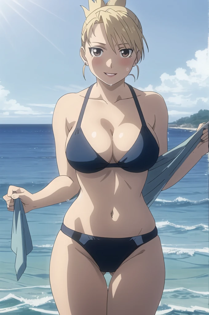 RH, folded ponytail, 1girl, solo, looking at viewer, big breasts, lips, blue bikini, huge breasts, large breasts, small waist, thick thighs, nice thighs, cameltoe, thong panties, in water, wet, at beach, ocean, waves, clear water, sunny sky, bright day, clear sky, cleavage, lot of cleavage, blush smiled, perfect quality, good quality, masterpiece, HDR, UHD, 4K, ultra hd, in frame, perfect quality, best quality, ultra resolution, head in frame,