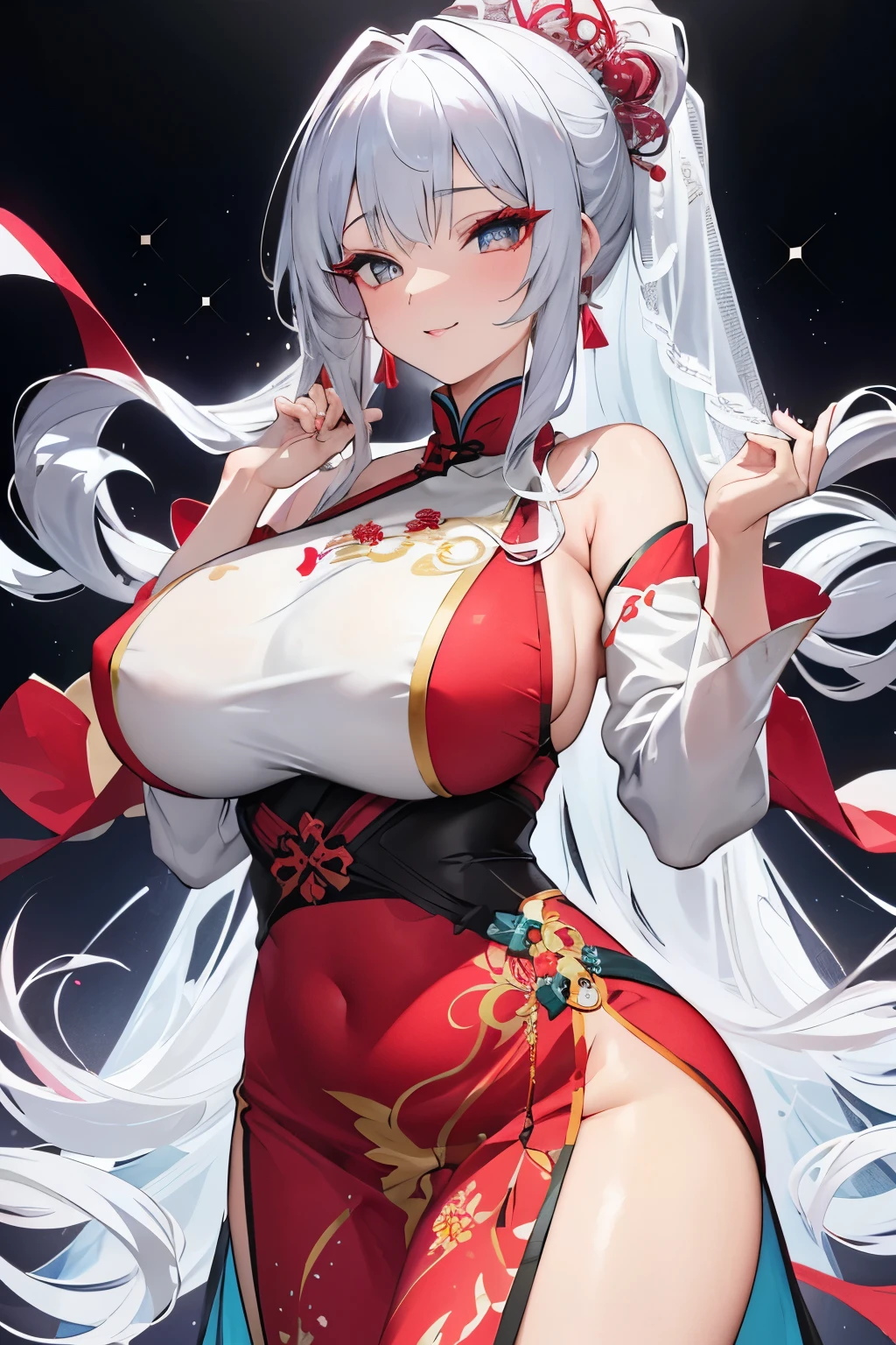This stunning 20-year-old chubby beauty poses seductively in a captivating white and red long-sleeved closed qipao, adorned with intricate silver embroidery. Her face is accentuated by strong pink makeup, her silver-blue eyes sparkling with a mischievous, evil smile. Her detailed lips are painted a vibrant red, matching the pop of color from the qipao's vibrant collar.
Her long, silver hair cascades down in soft waves, gathered into a long white ponytail that trails behind her. A light and transparent veil, filled with charm and seduction, falls gracefully on her shoulders