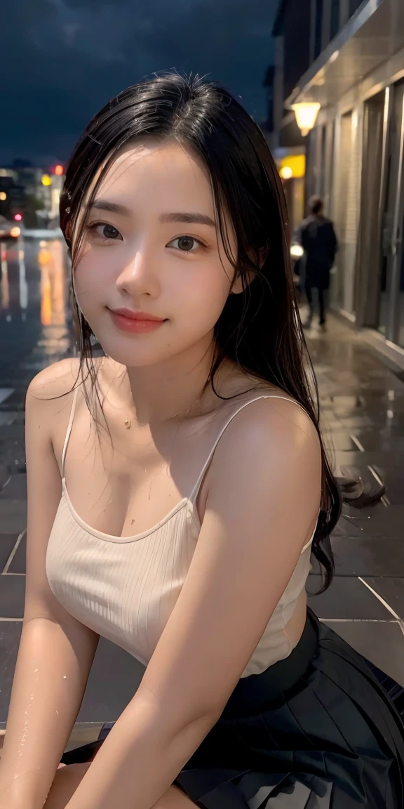 (RAW photos, best quality), (realistic, photorealistic: 1.2), (round face: 1), 1 girl, selfie outdoor, (high detail skin: 1.2), (puffy eyes), (lying silkworm), smile, collarbone, air bang, straight brown black hair, pure black pleated skirt, soft lighting, high quality, cityscape, skyline, night, rain, wet, professional lighting, Photon mapping, radiosity, physically based rendering,