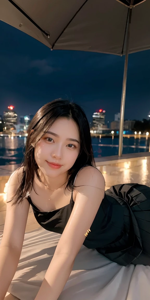 (RAW photos, best quality), (realistic, photorealistic: 1.2), (round face: 1), 1 girl, selfie outdoor, (high detail skin: 1.2), (puffy eyes), (lying silkworm), smile, collarbone, air bang, straight brown black hair, pure black pleated skirt, soft lighting, high quality, cityscape, skyline, night, rain, wet, professional lighting, Photon mapping, radiosity, physically based rendering,