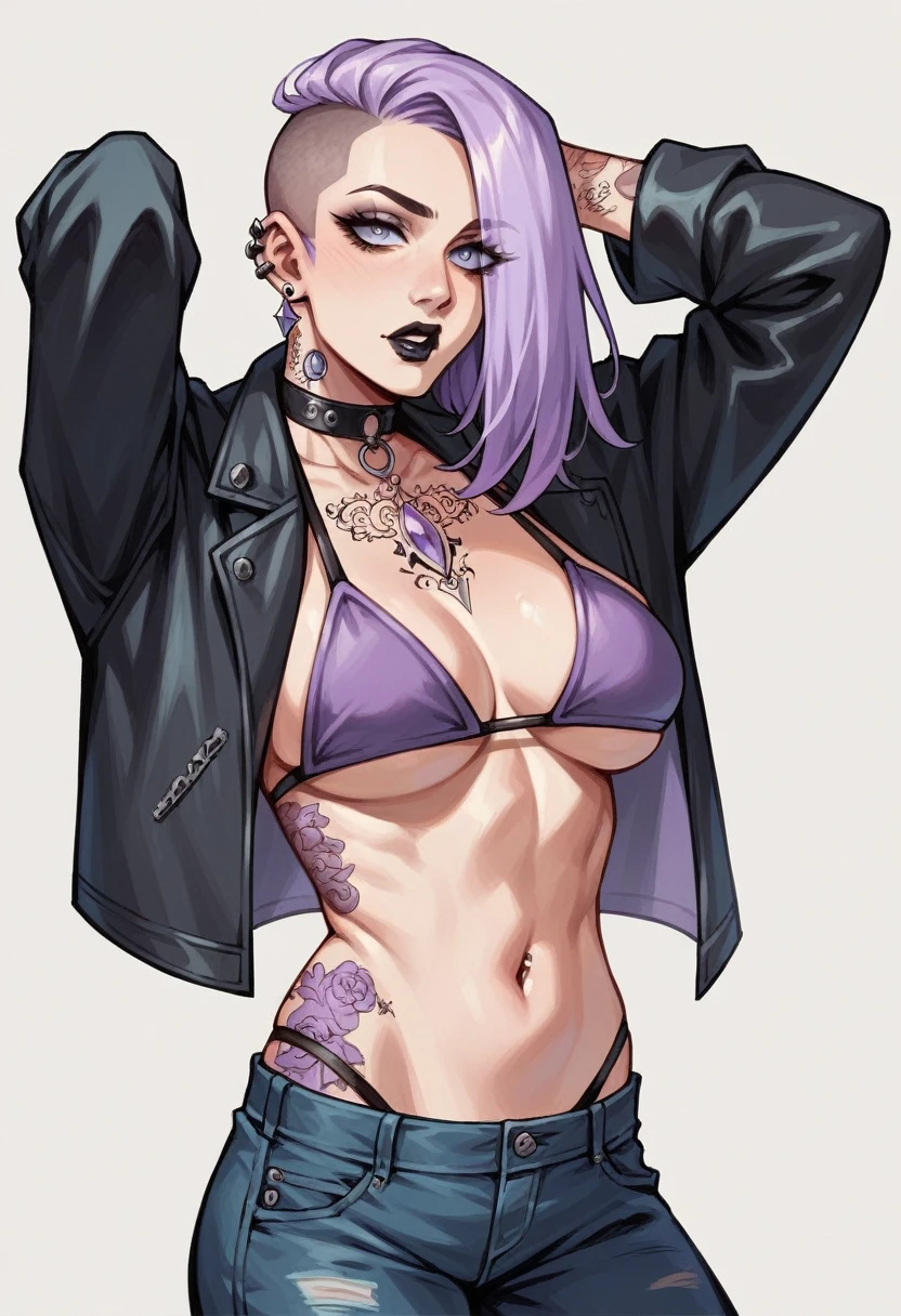 beautyful woman, gothic, mature woman, tattoos in whole body, slender body, long sidecut hair, lilac hair, long hair, lilac bikini, black spike jacket, black jeans, friendly look, black lipstick