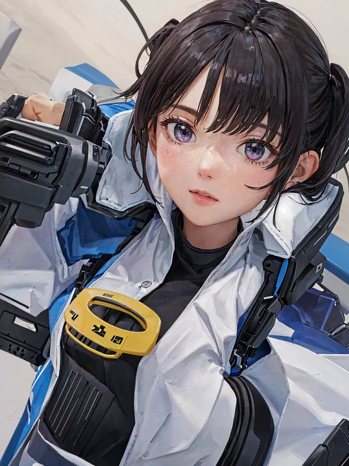 survival game、Black combat uniform、survival gameのフィールド、A beautiful girl is holding a pistol、head to waste、