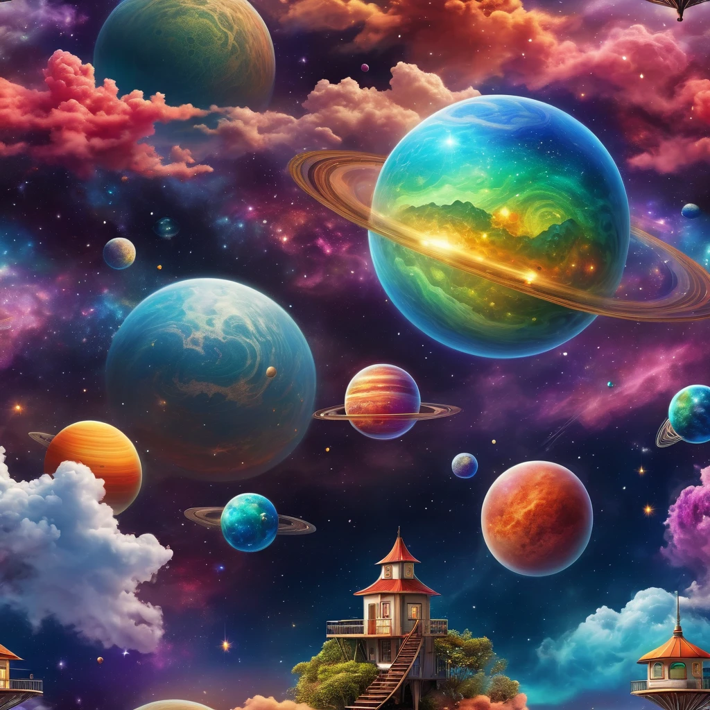 colorful, highly detailed, best quality, floating house on the clouds, colorful planets in the cosmos