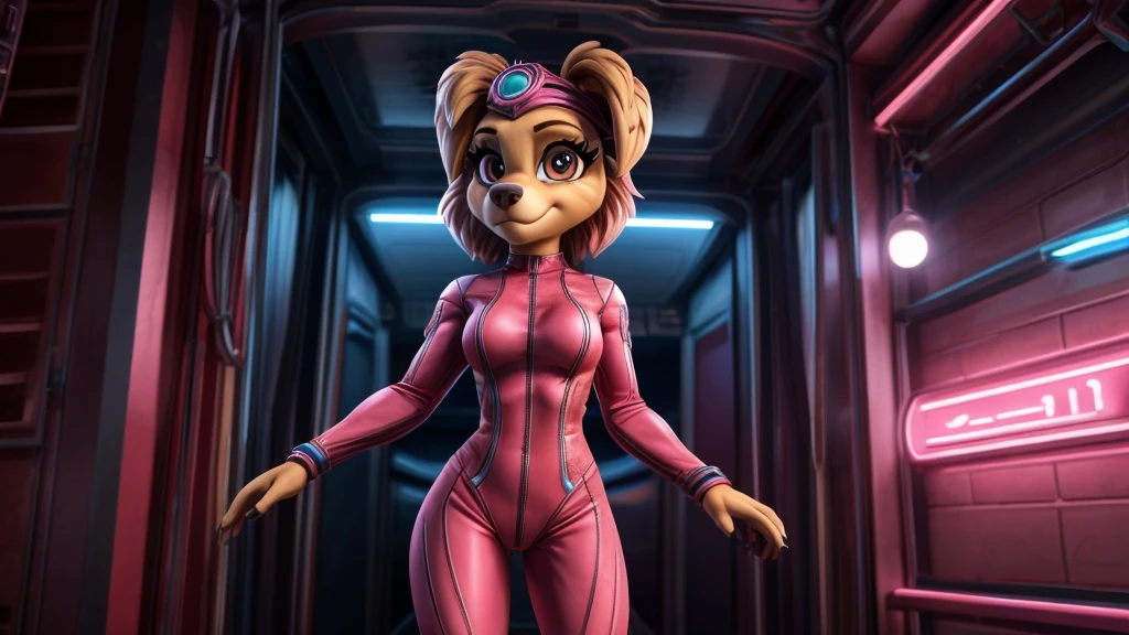 Skye from Paw Patrol, female cockapoo, anthro, adult, mommy, pink combat bodysuit, standing, detailed, solo, beautiful, high quality, 4K