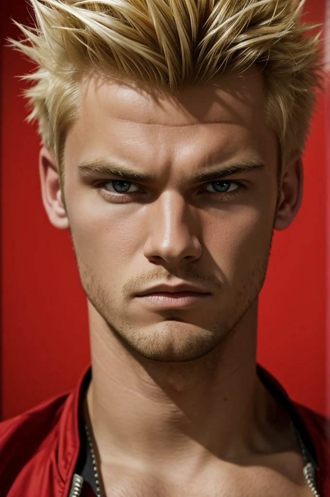 A blonde boy with spiky hair,red and sullen bojos