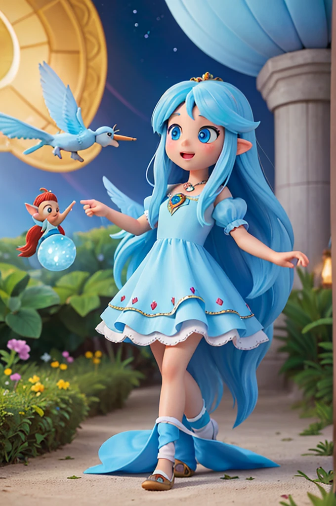a with long hair and sparkling light blue eyes in a light blue night gown, around her, seeing extraordinary creatures: unicorns galloping free, birds with rainbow-colored feathers singing enchanting melodies, and little gnomes working in the fields .