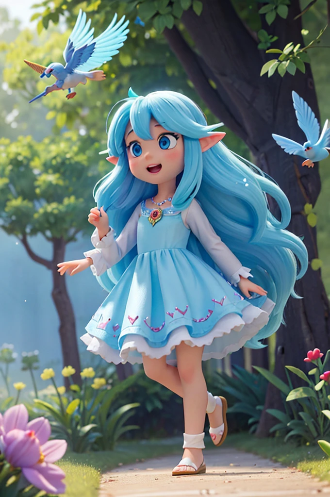 a with long hair and sparkling light blue eyes in a light blue night gown, around her, seeing extraordinary creatures: unicorns galloping free, birds with rainbow-colored feathers singing enchanting melodies, and little gnomes working in the fields .