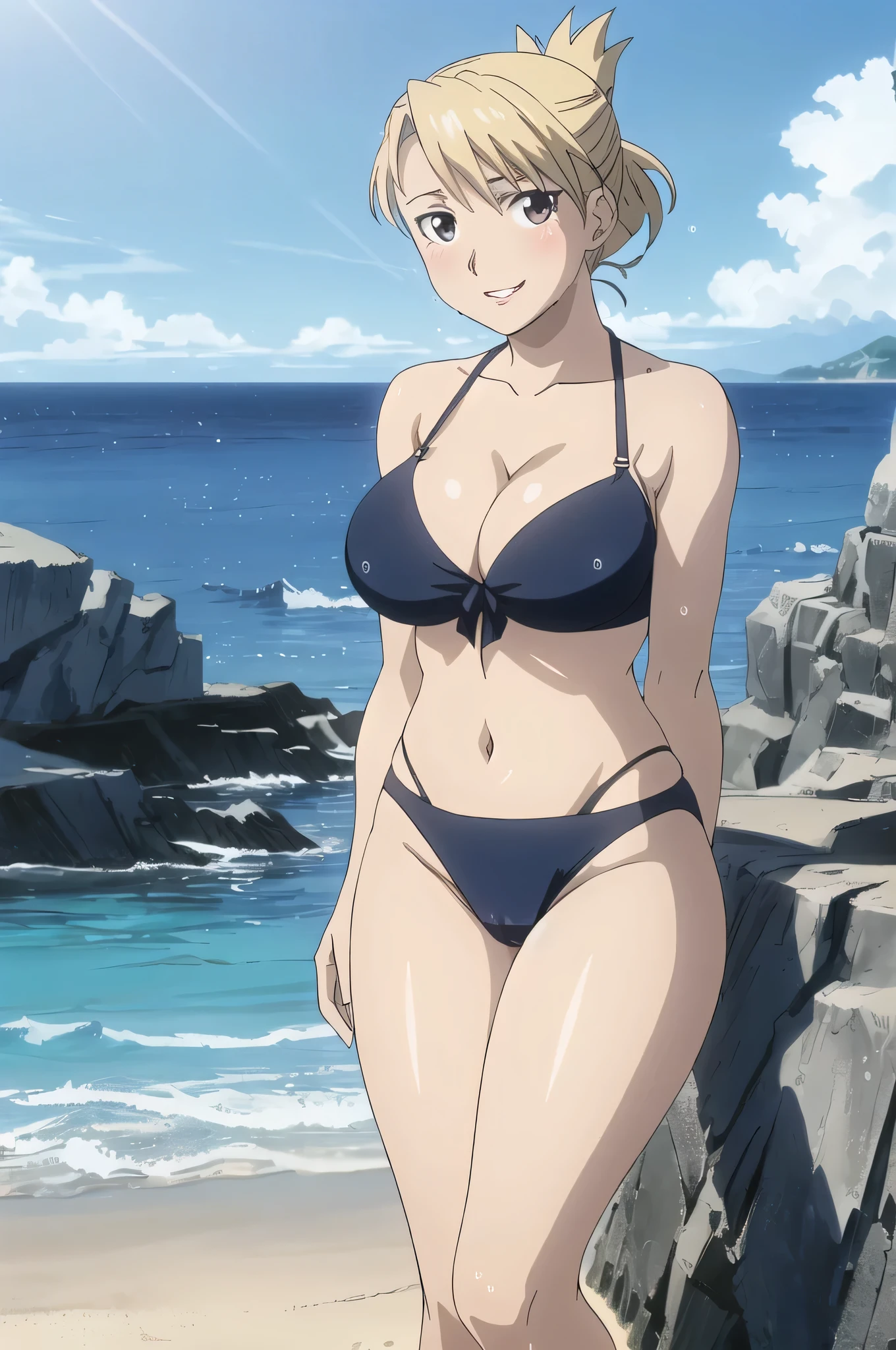 RH, folded ponytail, 1girl, solo, looking at viewer, big breasts, lips, blue bikini, huge breasts, large breasts, small waist, thick thighs, nice thighs, cameltoe, thong panties, in water, wet, at beach, ocean, waves, clear water, sunny sky, bright day, clear sky, cleavage, lot of cleavage, blush smiled, perfect quality, good quality, masterpiece, HDR, UHD, 4K, ultra hd, in frame, perfect quality, best quality, ultra resolution, head in frame,