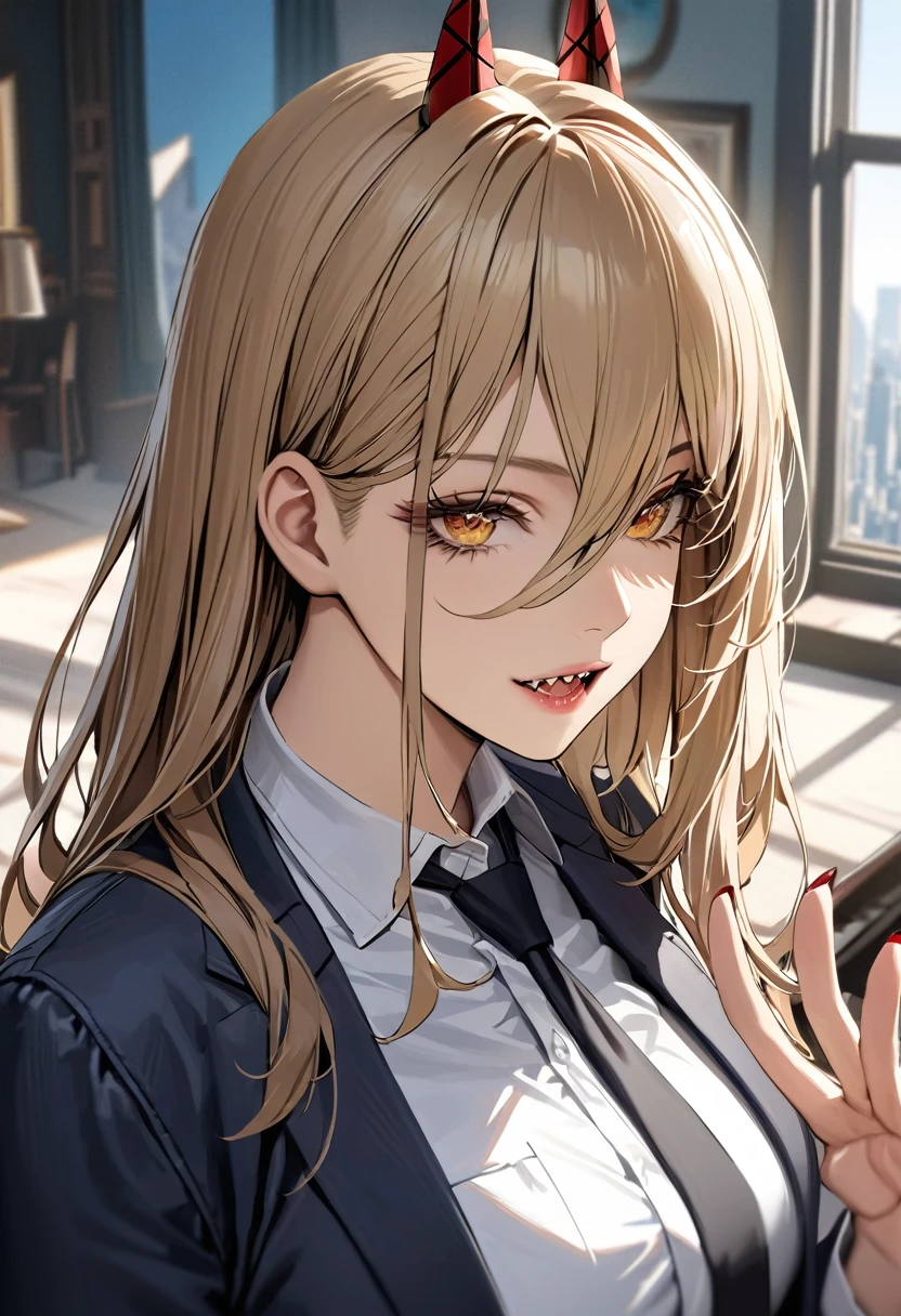 best quality, highest quality, masterpiece, ultra-detailed, hyper-detailed, award-winning, photorealistic background, cinematic lighting, trending on artstation, 8K wallpaper, extremely detailed, intricate, illustration, close-up portrait, powerdef, sharp teeth, cross-shaped pupils, blue jacket, long sleeves, white shirt, black necktie, torn jeans, Air Jordan 1 shoes, Power from Chainsaw man, blonde hair, open clothes, thick thighs, perfect face, very deep eyes, detailed eyes, sidelight, high-resolution, intricate details, detailed fingers, beautiful face, Chainsaw man, full-body, wiew from above, mature female, eyeshadow, mascara, hourglass figure,