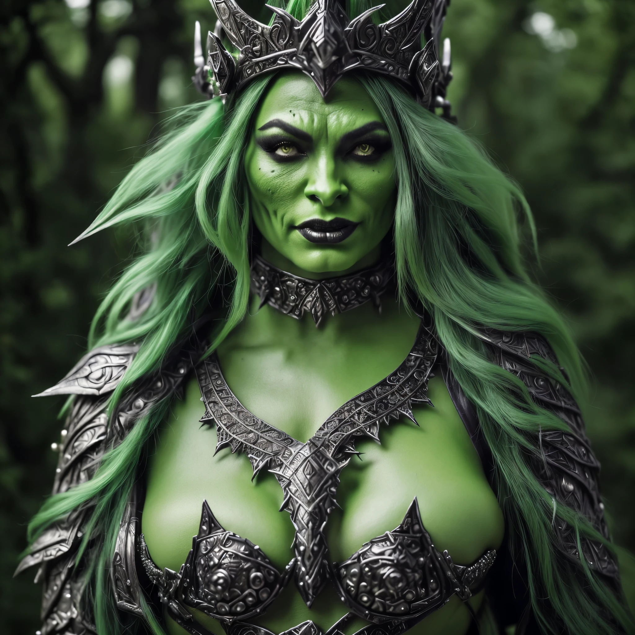 a close up of a woman in a costume with a crown on, female orc, green orc female, orc themed, half orc half elf woman, female orc forest druid, in style of wold of warcraft, from warcraft, warcraft character, hot reptile humanoid woman, green armor, orc, cinematic goddess body shot, hyperdetailed fantasy character, warcraft style