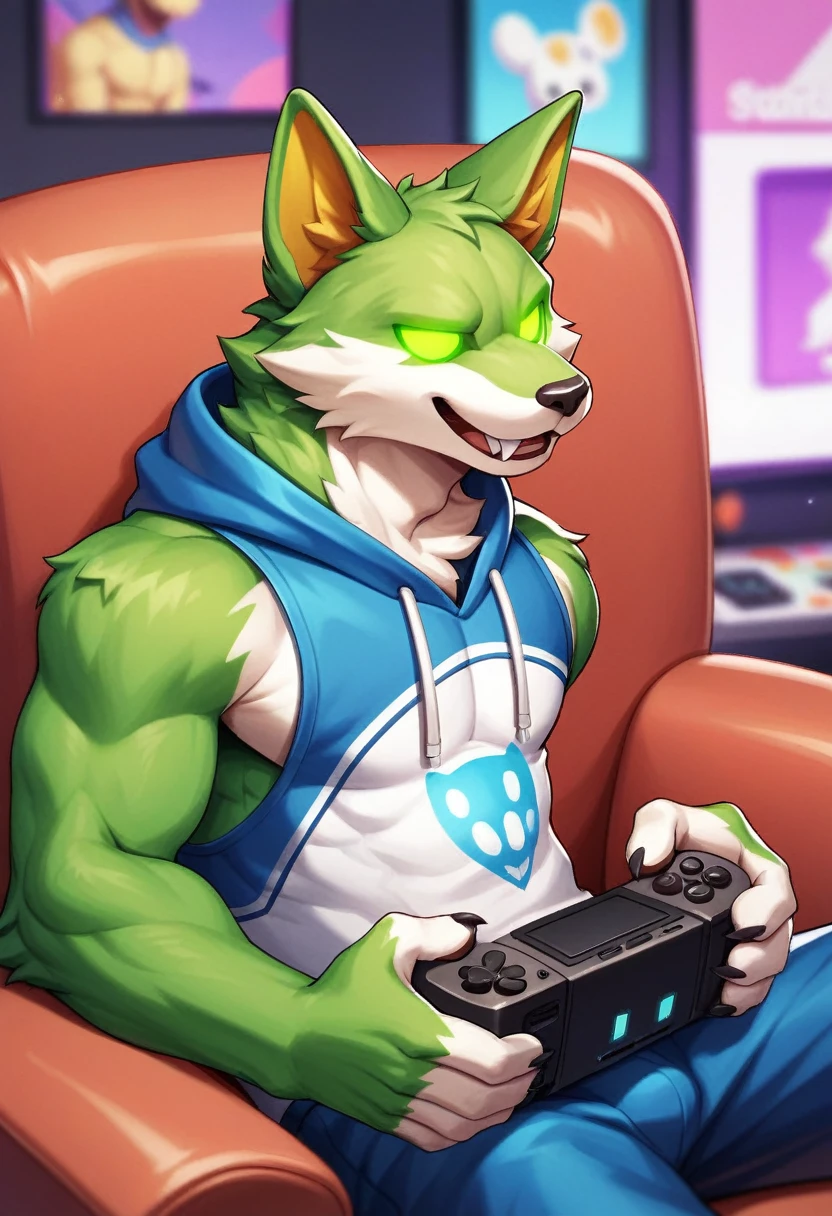 male husky, black eyebrows, topless, collar, round glasses, green eyes, wide open mouth, green hair, (smile:1.1), intricate, sitting, gaming PC chair, bedroom, gaming PC setup, sitting at computer, penis focus, penis towards viewer, cumshot, ((stroking penis)), penile masturbation, ((crotch shot)), masturbating, (((looking at porn))), wearing gaming headphones, shooting cum, canine penis, knot, erection,aesthetic, 4k, photorealistic, professional art, masterpiece, in bedroom, intricate detail, [by pngx:sigma x:0.5], full body