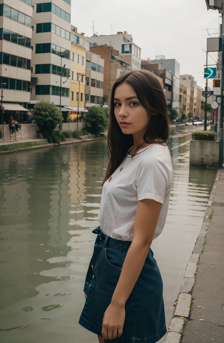 a girl standing in front of a city river
