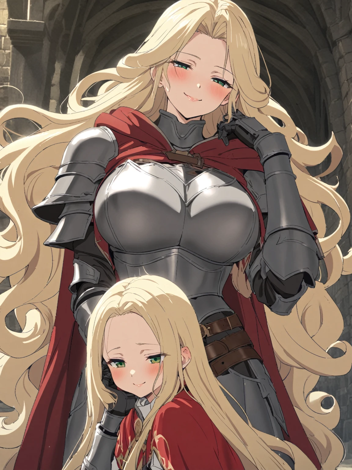 {{upper body}} {{Artist: sincos}} ight blond hair, green eyes, very long hair, curly hair, open forehead, smile, big breasts, full armor, iron armor, red capelet, leather belt, half-closed eyes, mechanical arm, tareme, hand on own cheek, waist cape, tall woman, lips, pov, medieval fantasy.