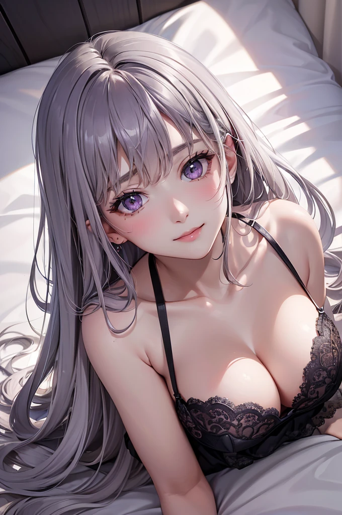 (Best Quality,High resolution,8K,finelity detailed background,Masterpiece:1.2),beautiful girl,Glossy romance gray hair,messy hair,Gray eyes,Gentle look,A refreshing look,Best quality,Best Quality,Aesthetic and aesthetic:1.2,Best details((Super detailed))(High-definition CG illustrations),Purple underwear (purple,intricate lace),Slender body,Late Night,Moonlit Night,Bedroom,On the bed,smile,blush,cute,Scrounge,Looking up,Being spoiled,super model,wariza,shoot from above