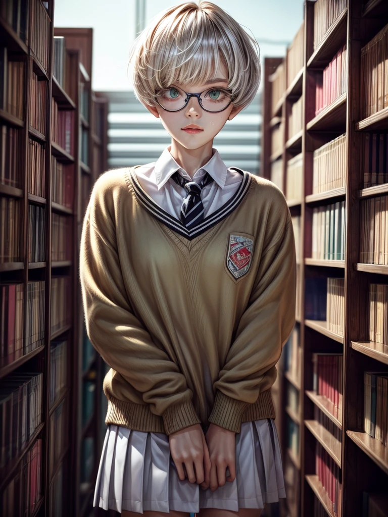1girl, elegant bearing, small, slender build, short height, narrow shoulders, pale skin dotted by freckles, short platinum blonde hair, (((pixie cut hairstyle))), (((boyish hair))), (dark green eyes), silver glasses, cute facial features with an underlying elegance, thin lips, small breasts, female, RAW photo, ((slim body: 1)), (HQ skin: 1.4), 8k uhd, dslr, soft light, high quality, ((school uniform, white clothes, gold accents, (looking at viewer:1.4), library