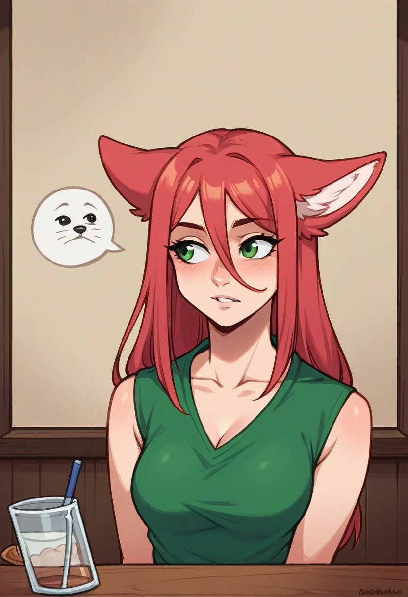 nsfw de Kenket, Tran Ross, Ruan Jia, zaush, Foxovh, por zackary911, por hyattlen, per tera, by fumiko, by Pixelsketcher, Directed by: Bayard Wu, Directed by: Thomas Benjamin Kennington, por Einshelm, por kilinah, by Coffeesoda, By Hioshiru, by fluff-kevlar, polvo r-mk, por Dimwitdog, walk away, Nazuna_Hiwatashi, Female fox with green eyes and red hair., wide, icon, leaning on a bar table, focus on your face, very beautiful and attractive woman, attractive look, sleeveless dress