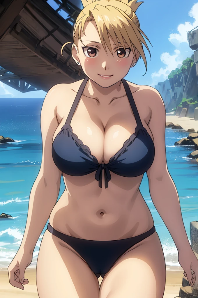 RH, folded ponytail, 1girl, solo, looking at viewer, big breasts, lips, blue bikini, huge breasts, large breasts, small waist, thick thighs, nice thighs, cameltoe, thong panties, in water, wet, at beach, ocean, waves, clear water, sunny sky, bright day, clear sky, cleavage, lot of cleavage, blush smiled, perfect quality, good quality, masterpiece, HDR, UHD, 4K, ultra hd, in frame, perfect quality, best quality, ultra resolution, head in frame,
