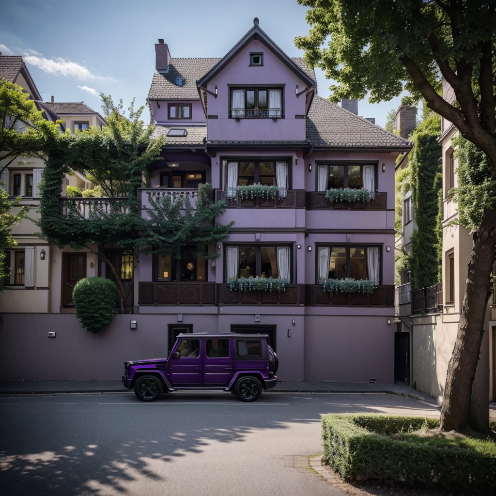 A perfect 4k house in germany with a (perfect luxurious purple g-wagon in 4k ultra high Definition) infront of the house. With trees on the street.